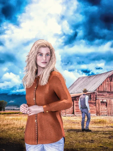 Samtida kvinna och cowboy illustration — Stockfoto