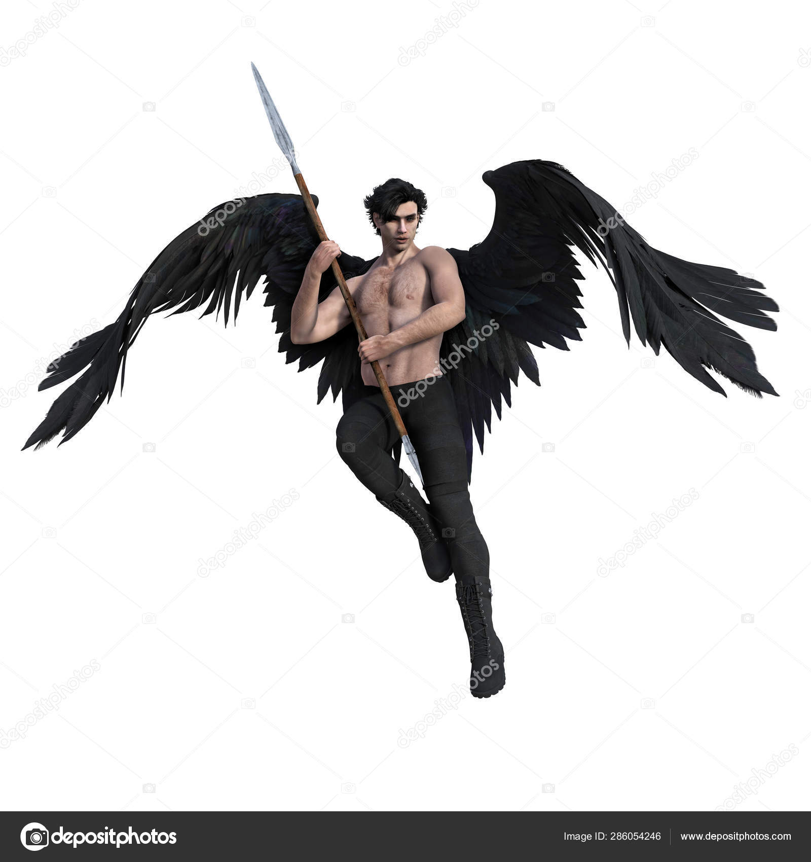 Schöner dunkler Engel im Flug mit einem Stab – Stockfoto © MerryDesigns  #286054246, image size:1600x1700