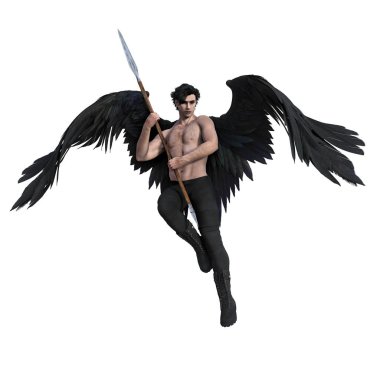 Yakışıklı Dark Angel Uçuş Holding a Staff