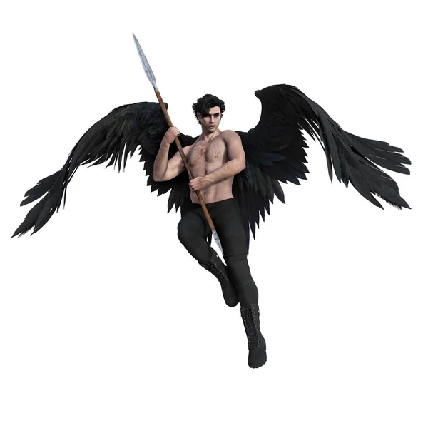 Bello angelo oscuro in volo in possesso di un bastone — Foto Stock