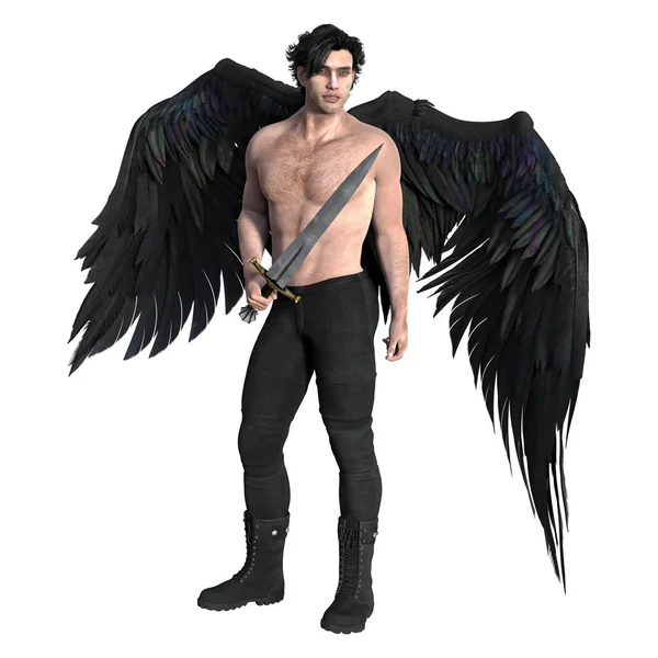 Siyah Wings ile karanlık bir melek olarak yakışıklı adam ve bir kılıç Holding