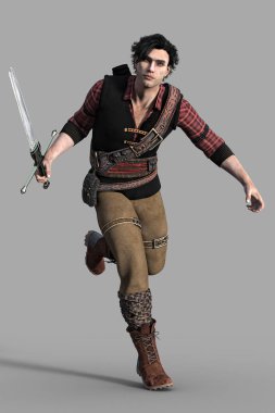 Bir kılıç ile kamera doğru çalışan bir fantezi tarzı adam render