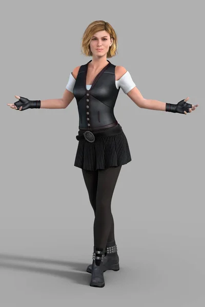 Rendering of an Assertive Beautiful Urban Fantasy Woman with Arms Outstretched — Stock Photo, Image