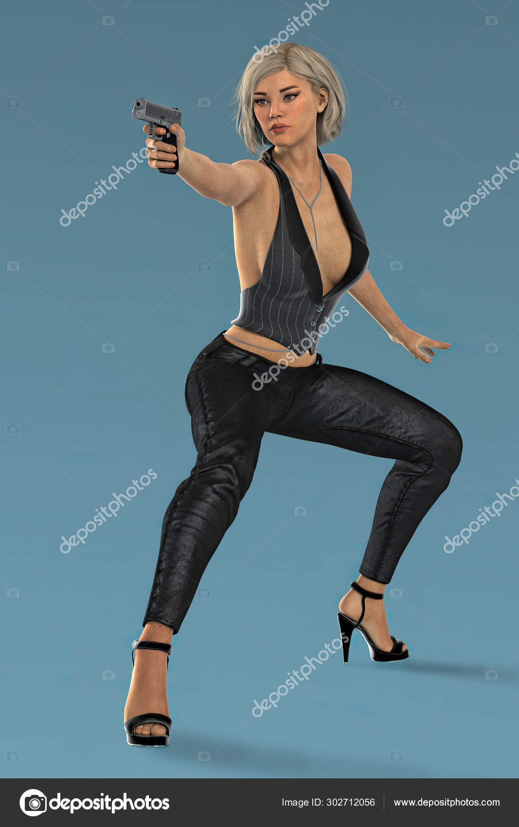 Beautiful powerful woman holding two guns in shooting pose Stock Photo by  ©MerryDesigns 247698924