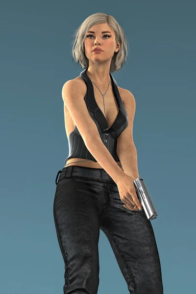 Piękna kobieta zabójca trzyma pistolet w pozycji walki — Zdjęcie stockowe