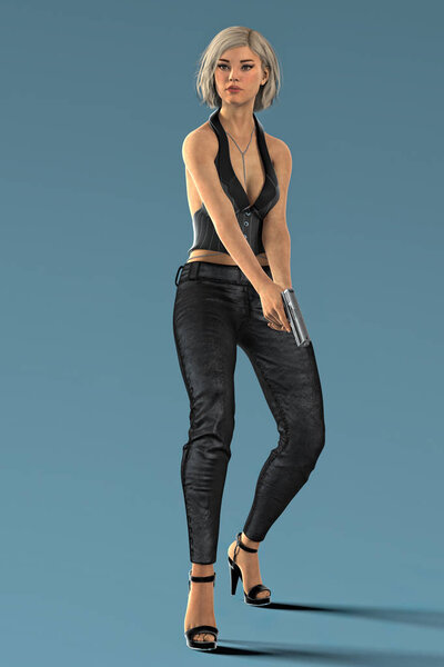 Full figure render of a beautiful woman holding a gun