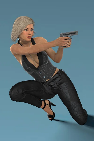 Full figure render of beautiful woman holding a gun