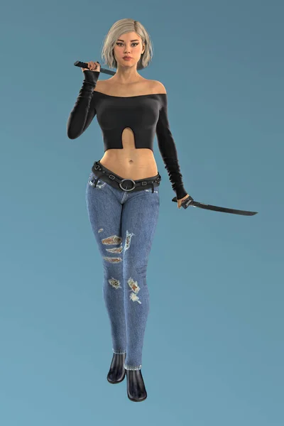 Mulher bonita guerreira CGI segurando duas lâminas de katana — Fotografia de Stock