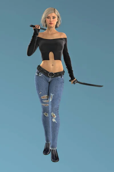 Güzel Cgi kadın savaşçı iki katana bıçakları tutan