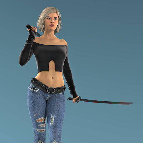 Render of a beautiful young female vampire hunter holding two swords