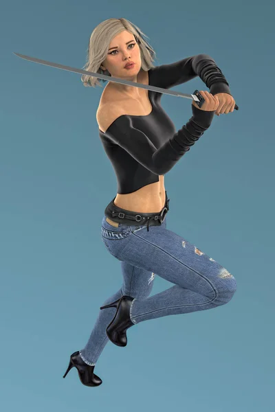 Render de uma mulher fantasia urbana bonita em ação pose segurando uma lâmina de katana — Fotografia de Stock
