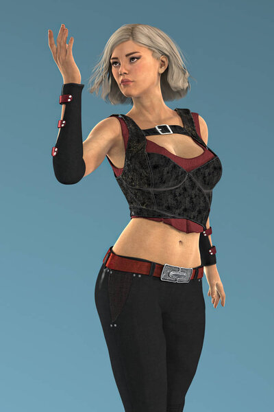 Render of a beautiful urban fantasy woman with her hand in the air
