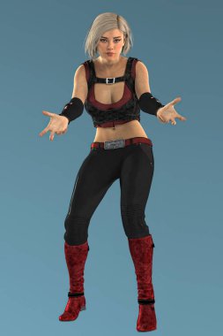 Kollarını uzanmış güzel bir kentsel fantezi kadının izole tam rakam render