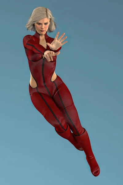 Hermosa mujer CGI asertiva en traje de cuero rojo en una pose de lucha mágica activa mago —  Fotos de Stock