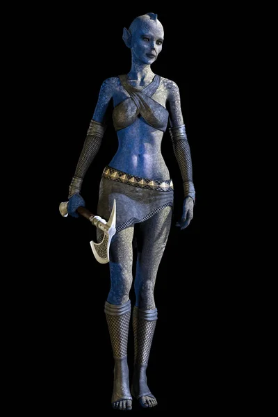 Volledige figuur renderen van een buitenaardse vrouw Warrior karakter vasthouden van een bijl — Stockfoto