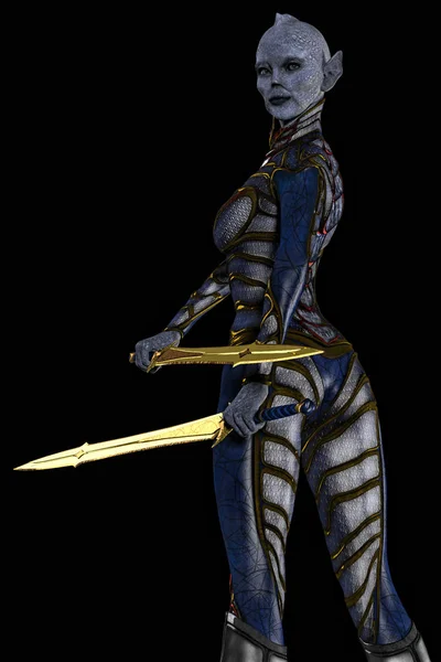 Rendering of an Alien Woman in a futuristic bodysuit holding two swords — Stock Photo, Image