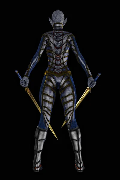 Образ с заднего вида на женщину-пришельца, держащую два меча — стоковое фото