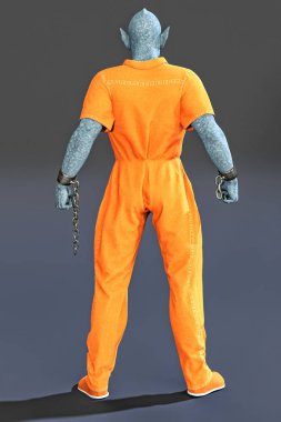 3D alien male in convict coveralls and chains turned away from the camera. clipart