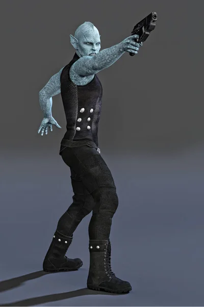 Full figure render of an alien man holding in a gun in an about to defend pose