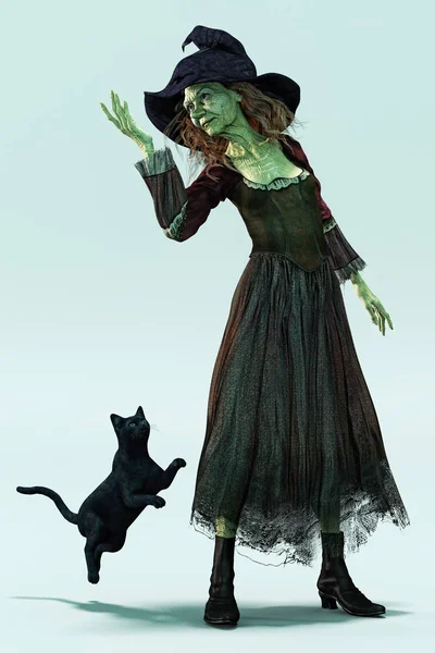 Sorcière de style conte de fées traditionnel avec son chat noir jetant un sort — Photo