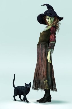 Geleneksel bir cadı ve onun siyah kedi izole yan görünümü