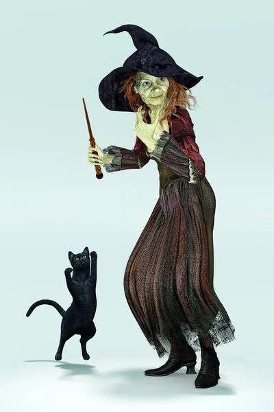 3D Halloween traditional fairy tale style witch holding a wand — Stock Photo, Image