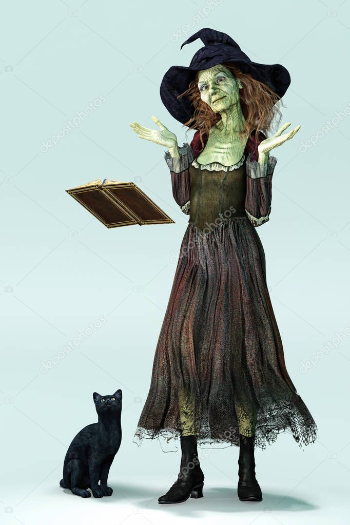 Witch, spell book and black cat