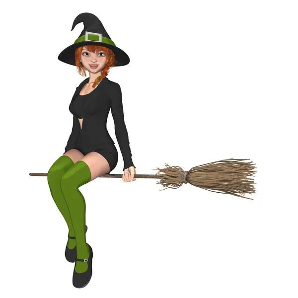 Pretty young teenage witch sitting on a broomstick — Stock Photo, Image