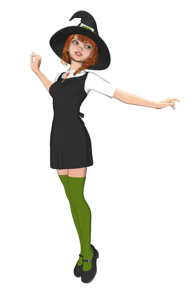 Happy young teenage witch in schoolgirl uniform floating in the air — Stock Photo, Image