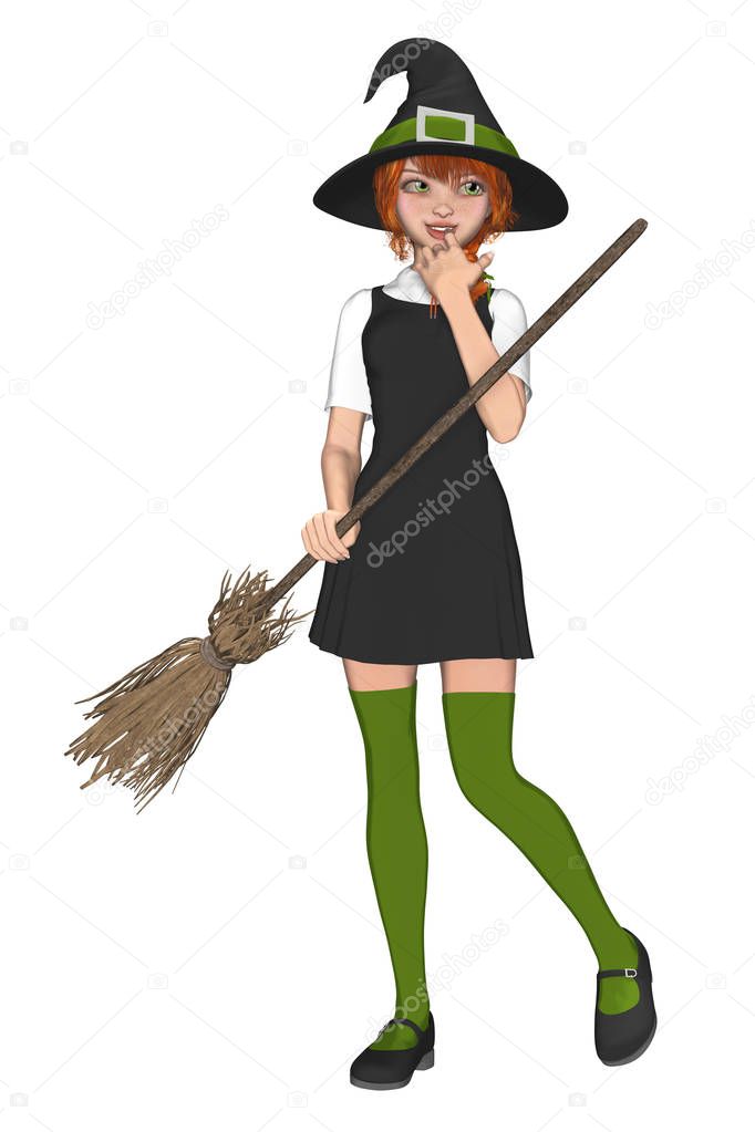 Cute, pensive or shy, young teenage witch holding a broom