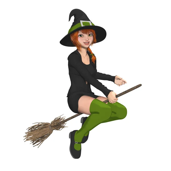 Pretty young teenage witch flying on a broom — Stock Photo, Image