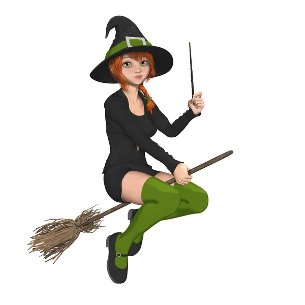 Cute teen Witch trzymając różdżkę, jak ona leci na jej Broomstick — Zdjęcie stockowe