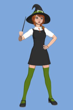 Bir değnek tutan sevimli genç cadı