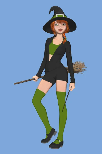 Cute teenage witch in black hat holding a broom and a wand — Stock Photo, Image