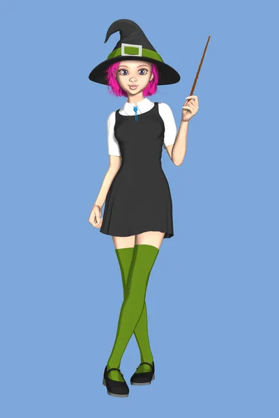 Pretty Pink Haired Witch Holding a Wand — Stock Photo, Image