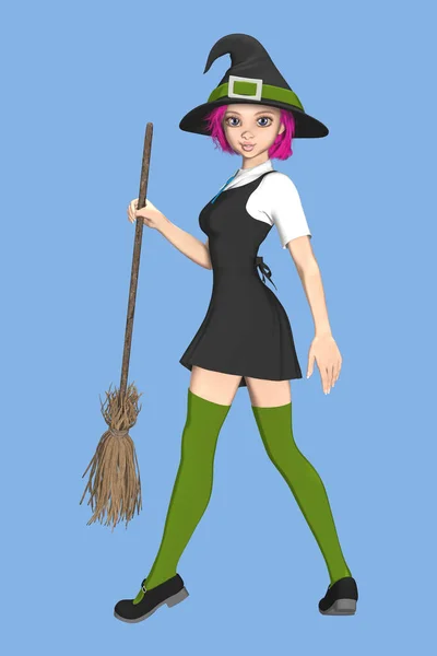 Różowy włosy nastoletnie Witch Holding a Broomstick — Zdjęcie stockowe
