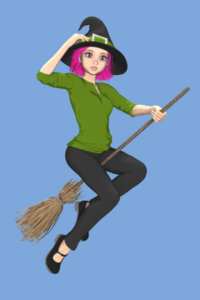 Розовая ведьма-подросток, летящая на метле
