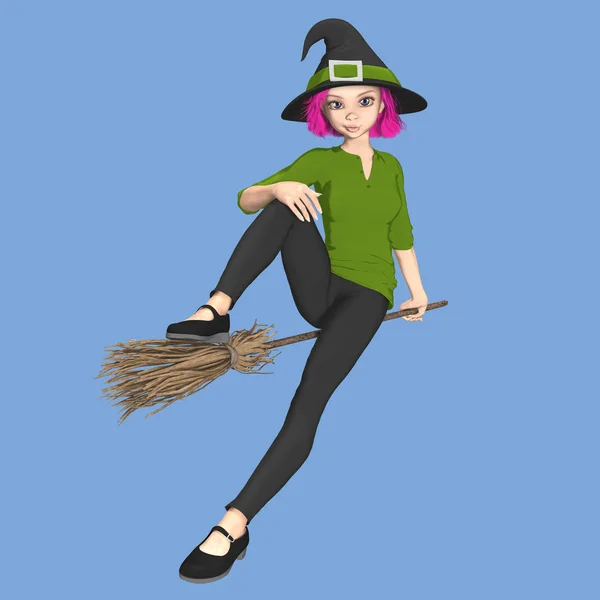 Cute Witch siedzi na Broomstick — Zdjęcie stockowe