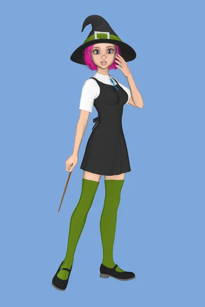 Mooie tiener schoolmeisje heks houdt een toverstaf — Stockfoto