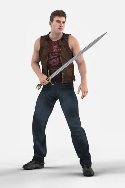 Hombre de fantasía urbana guapo sosteniendo una espada aislado — Foto de Stock