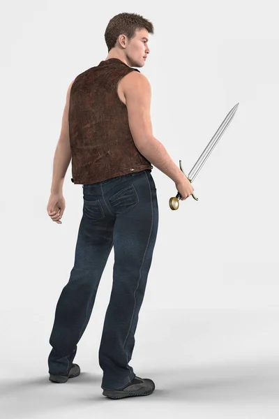 Widok z tyłu renderowanie miejskiego stylu fantasy człowiek trzyma miecz — Zdjęcie stockowe