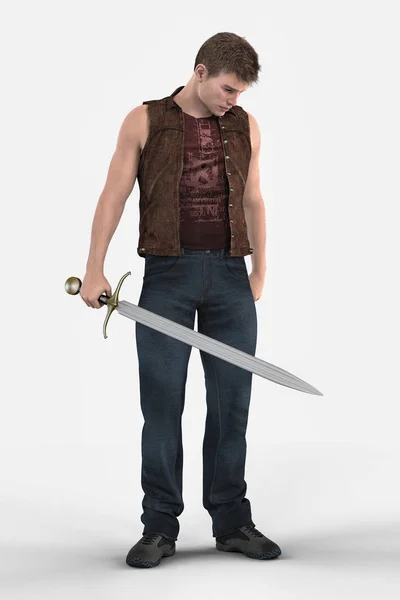 Urban Fantasy Male Character Holding a Sword and Looking Downwards — Stock Photo, Image