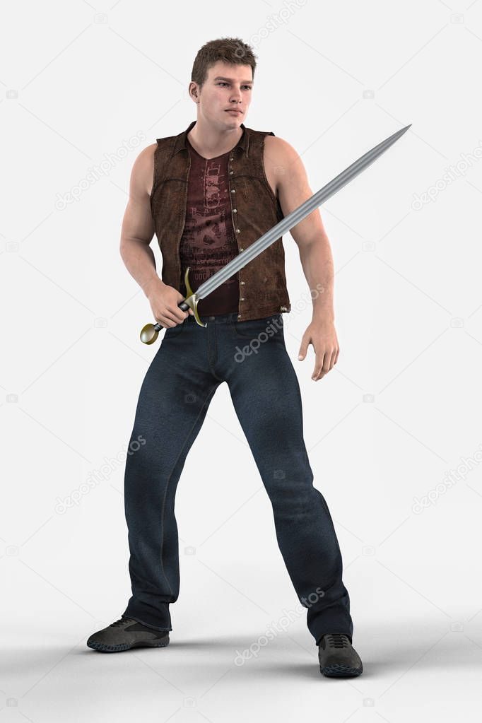 Handsome Urban Fantasy Man Holding a Sword Isolated