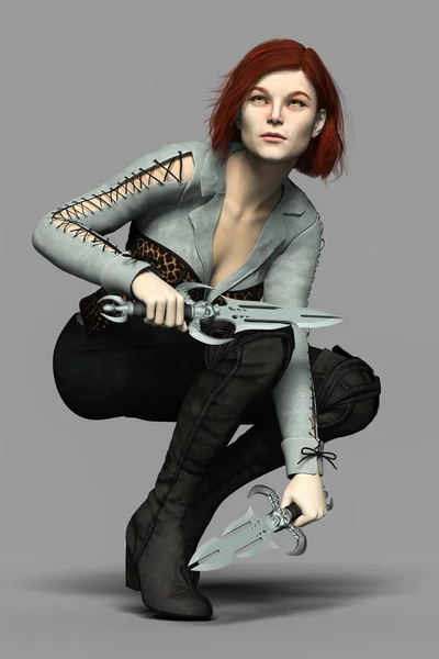 Beautiful vampire woman crouching while holding two daggers — Stock Photo, Image