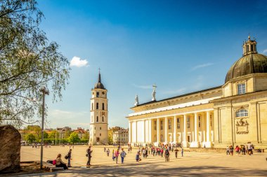 Vilnius, Litvanya - 1 Mayıs 2018: Vilnius Katedrali, çan kulesi ve katedral Meydanı yürüme ve boş zaman zaman zevk insanlarla görünümüne