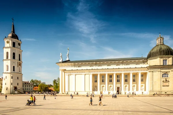 Vilnius, Litvanya - 1 Mayıs 2018: Vilnius Katedrali ve Katedral Meydanı yürüme ve boş zaman zaman zevk insanlarla görünümüne — Stok fotoğraf