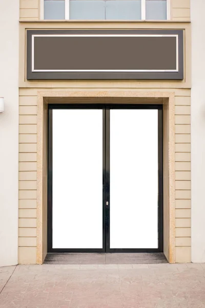 Storefront. Mock up blank glass door and empty signboard — Stock Photo, Image