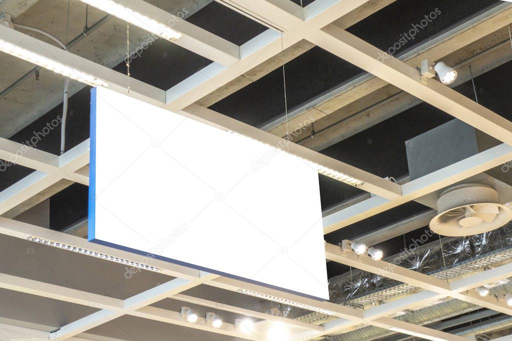 Horizontal rectangular white empty signage, information board mock up in shopping mall, store