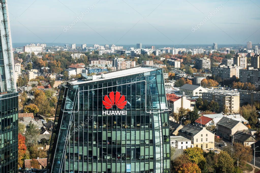 Vilnius, October 10, 2018: Huawei logo on a building in Vilnius, Lithuania. Huawei is leading global provider of information and communications technology infrastructure and smart devices.