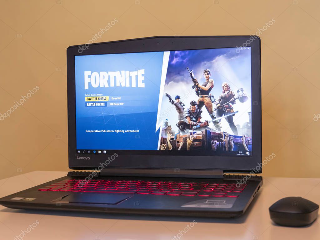 Vilnius, Lithuania - November 12, 2018: Computer screen with Fortnite game homepage, production of Epic Games. Epic Games, Inc is an American video game and software development corporation.